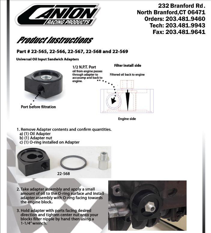 Canton 22-569 Alum Oil Input Adapter Universal Sandwich Style 22MM -1.5, 2 5/8"
